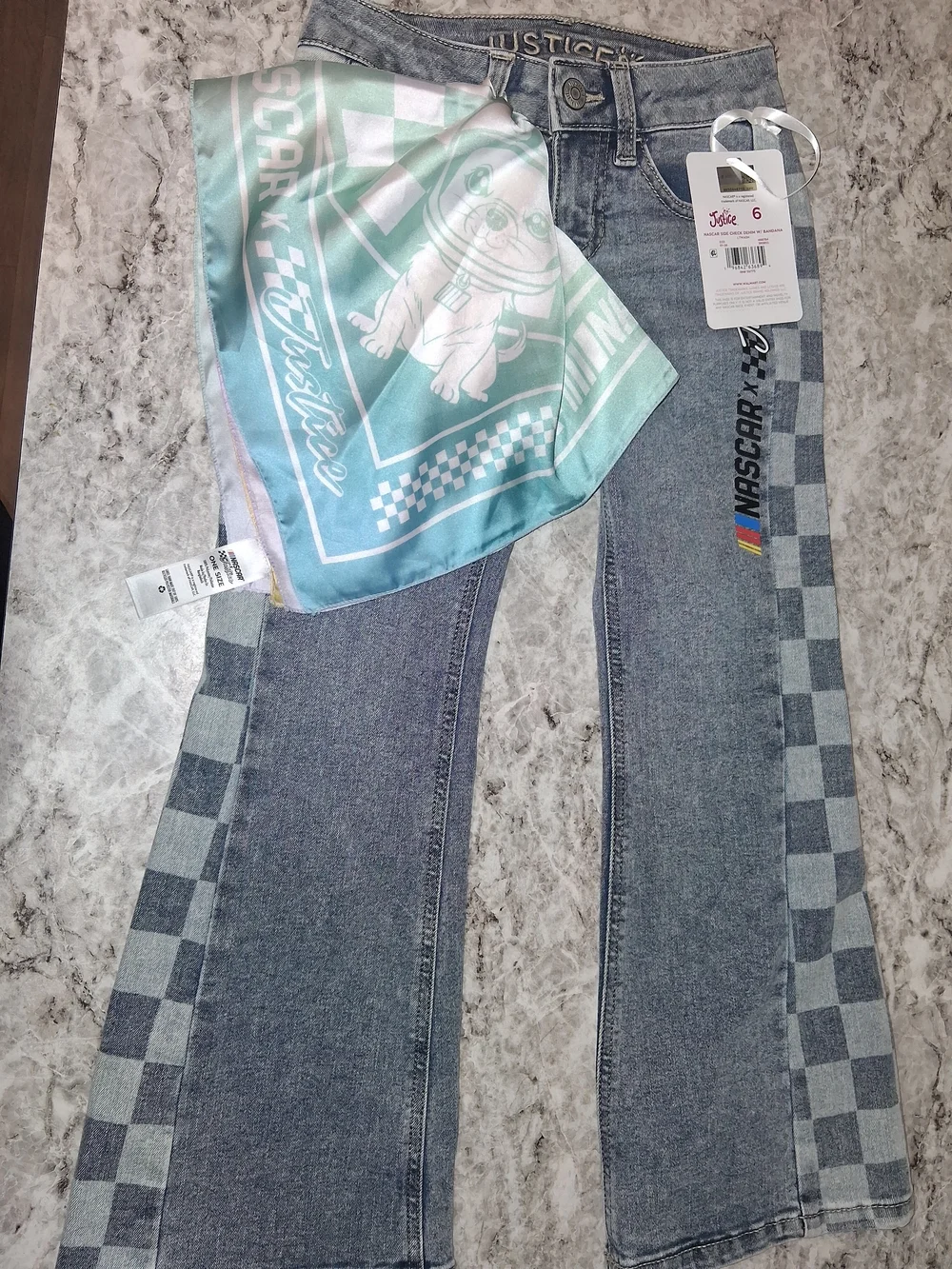 Justice Light Blue Denim Flare Jeans with Checkerboard Panels and Pastel Scarf